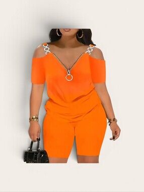 Off-Shoulder Zip Front Orange Jumpsuit